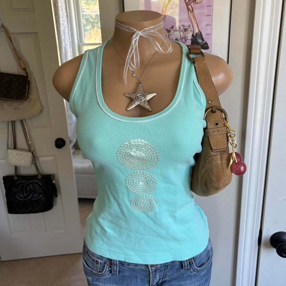 y2k 2000s avant garde aqua embroidered whimsy tank top